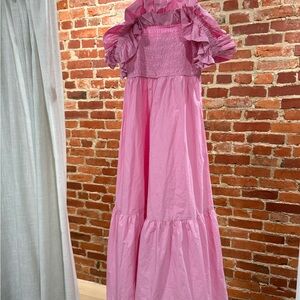Ganni Pink Ruffle-Sleeve Smocked Midi Dress